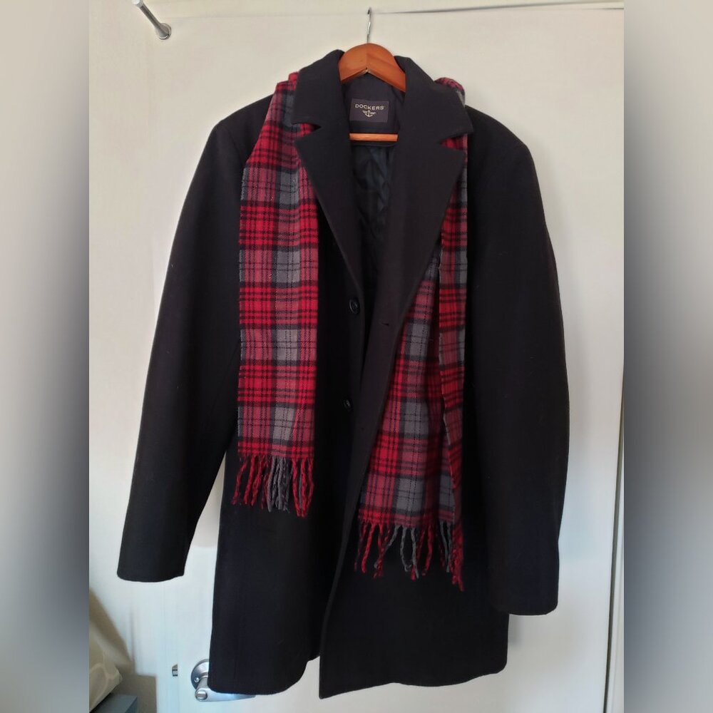 Dockers Wool Blend Car Coat with Scarf (Black, M) NWOT